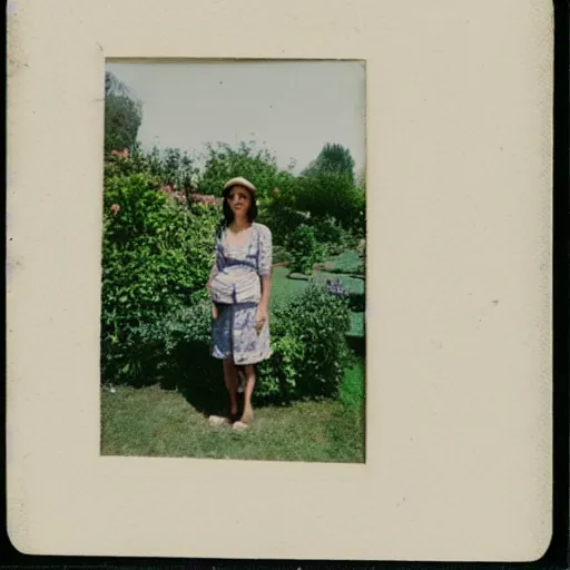 Prompt: woman standing in a french garden, an unidentified creature, bright summer day, washed out colors, polaroid