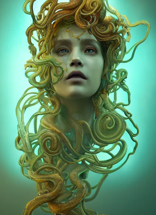 Image similar to subsurface scattering, medusa made of soft wax, cgsociety, translucent, wooden art nouveau swirls, organic fractals, colored smoke, gold cables, electricity, in the style of ruan jia and beeple and giger, mystical colors, back light, rim light, dramatic lighting, 8 k, stunning scene, raytracing, octane render