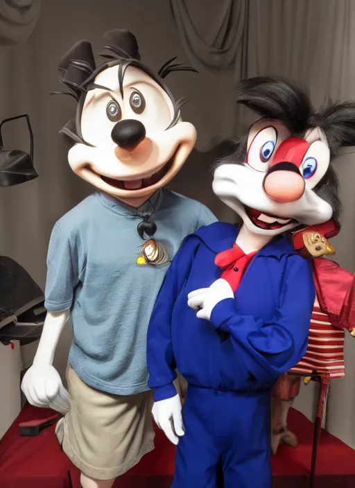 Image similar to a hyper realistic ultra realistic photograph of yakko wakko and dot backstage on the warner brothers lot, highly detailed, 8k photo