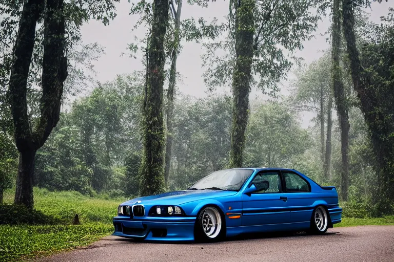 Image similar to A modified blue BMW e36 parked in a road with trees, rainy season, Epic photography, taken with a Leica camera, 500 mm focal length, f/1.5 aperture, depth of field