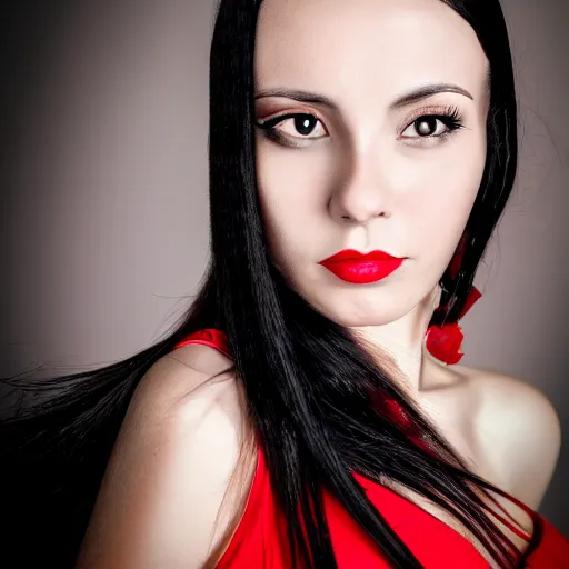 Image similar to portrait of a woman with long black hair and red eyes, wearing a red dress, 8k, close up shot, detailed face, beautiful, cinematic lighting, film, high quality, depth of field, dark colors,