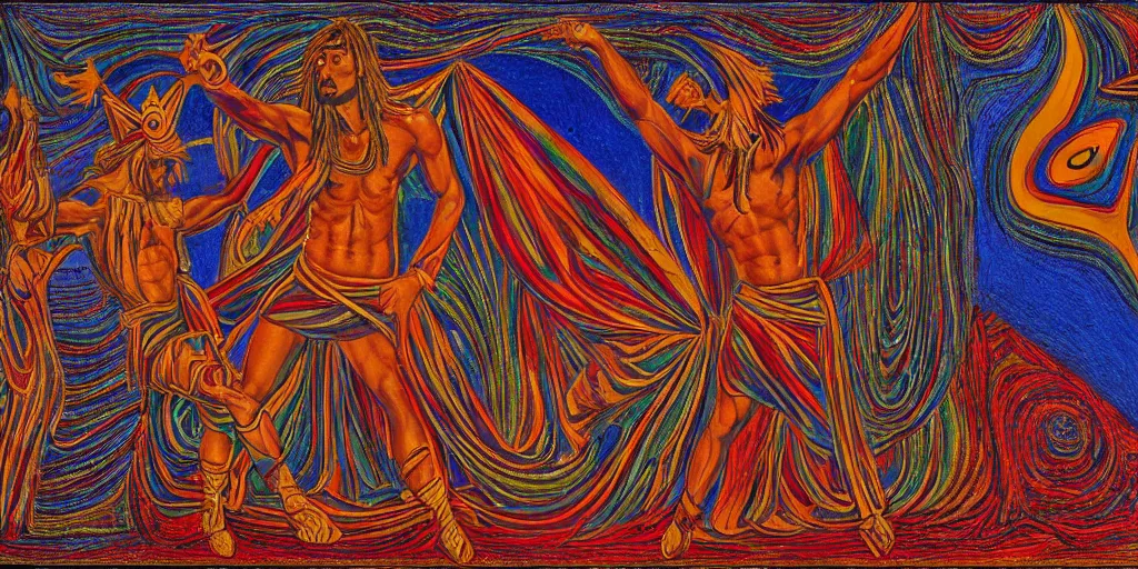 Prompt: an abstract spiritual background, a latino greek god dancing mindlessly, clear eyes. 2 4 mm, photorealistic, muted color scheme, directed by mati klarwein