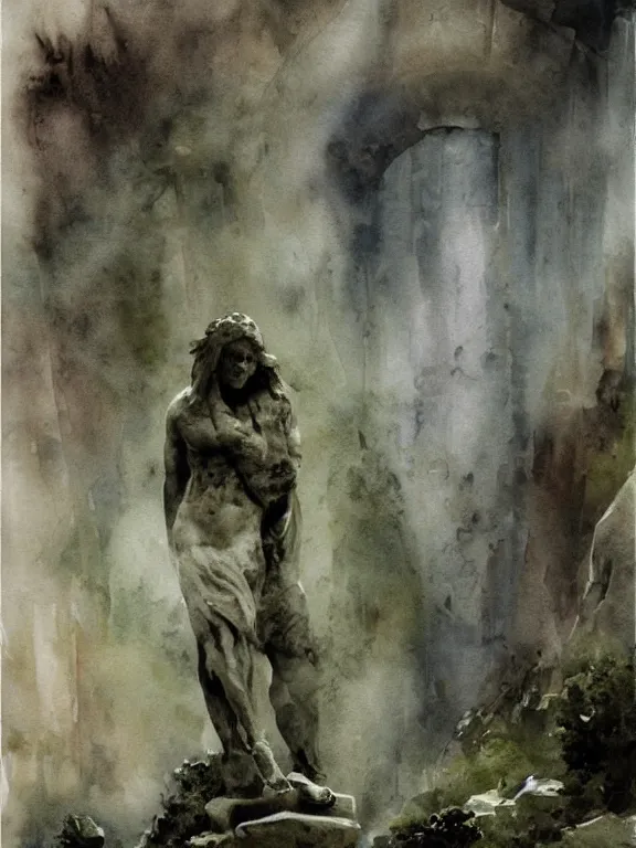 Prompt: abstract watercolor painting of scandinavian roman god monument, in stone and marble, covered in moss, magical and traditional, runes, cinematic light, national romanticism by anders zorn, by greg rutkowski, by greg manchess