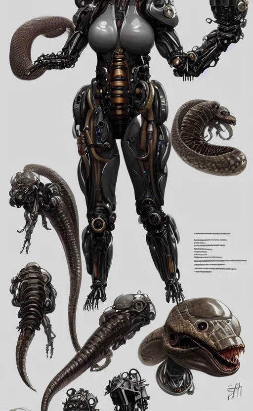 Image similar to Concept art character sheet of a cyborg biomechanical snake, sci-fi, highly detailed, digital painting, artstation, concept art, smooth, sharp focus, illustration, art by artgerm and greg rutkowski and alphonse mucha