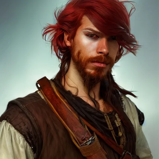 Image similar to portrait of a young rugged pirate, male, masculine, upper body, red hair, long hair, soft hair, D&D, fantasy, intricate, elegant, highly detailed, digital painting, artstation, concept art, matte, sharp focus, illustration, art by Artgerm and Greg Rutkowski and Alphonse Mucha