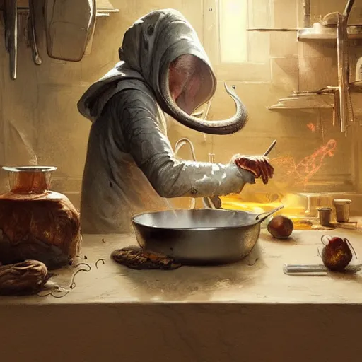 Prompt: pichacu cooks a squid, drawing, detailed, art by sung choi, greg rutkowski, peter konig