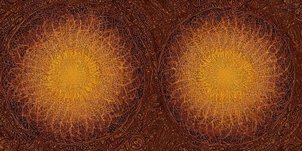 Image similar to golden fractal mandala encased in fractured ice, studio lighting, area light from above, colored silk sheets flowing in wind, smoke and dust