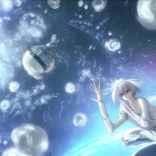 Image similar to !dream VFX SIMULATION, This is a digital art piece by Yoshiyuki Sadamoto that is trending on artstation. It is a 8K UHD image of Rei Ayanami, a female anime character, inside a space station with technological rings. She is shot from the ground by Yoshiyuki Sadamoto. The environment is a concept design and the art is hyper realistic with intricate details.