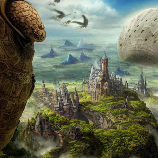 Image similar to giant tortoise with large castle growing from the shell, distant shot birds eye view, fantasy, hyper detailed, 4 k, howls moving castle, mortal engines,