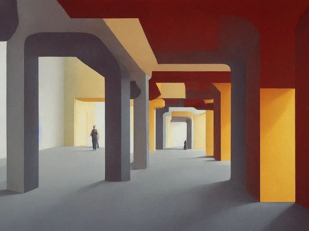 Image similar to colorful minimalist industrial interior hallway with monolithic pillars in the style of ridley scott and stanley kubrick, impossible architecture, ultra view angle view, lone person in the distance, realistic detailed painting by edward hopper