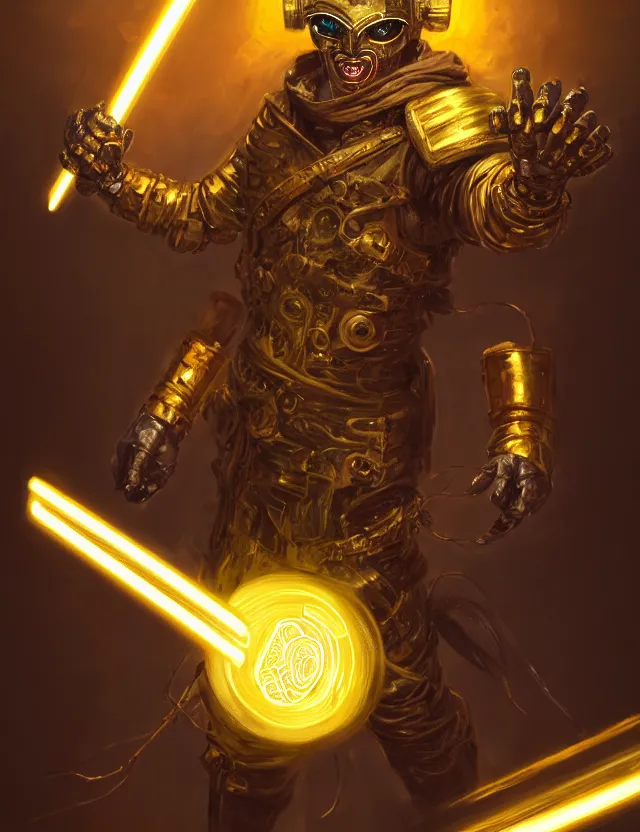 Image similar to a masked cyberpunk warrior in golden armour with a glowing golden gauntlet, surrounded by crackling golden lightning and energy, by frank fazetta and peter mohrbacher, trending on artstation, digital art, 4 k resolution, detailed, high quality, sharp focus, hq artwork, coherent, insane detail, concept art, character concept, character full body portrait