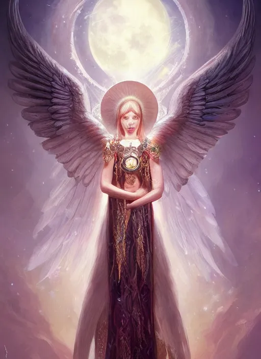 Image similar to A beautiful digital painting of a female Seraphim full of jewels, princess, the moon behind her, intricate, cinematic lighting, highly detailed, digital painting, Artstation, concept art, smooth, sharp focus, illustration, art by Tom Bagshaw, Artgerm and Greg Rutkowski