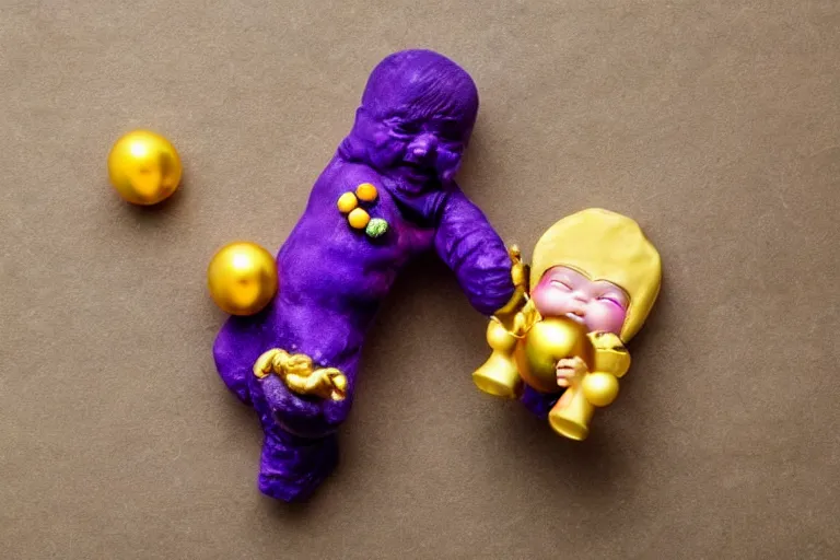 Image similar to baby thanos waving a golden rattle with colored gems