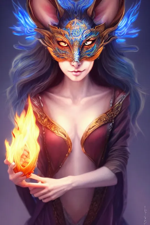 Image similar to gorgeous!!! hyper - realstic sorceress with a kitsune mask, holding a tattered magical book, casting a flame spell, blue flames | drawn by wlop, drawn by jeehyung lee, drawn by artgerm | fantasy, dark, intricate, highly detailed, digital painting, character design, concept art, illustration, artstation