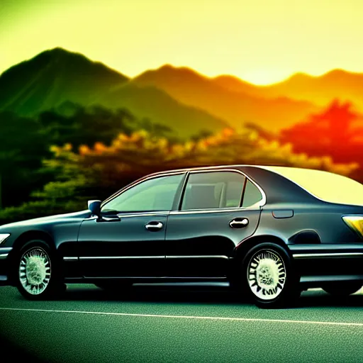 Image similar to a car Lexus LS400 VIP in middle of road, gunma prefecture, city sunset night, cinematic color, photorealistic, highly detailed