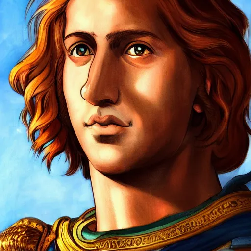 Image similar to portrait of alexander the great with a smug face, illustration by hayao miyazaki, vivid colors, extremely detailed, hd, 8 k, artstation