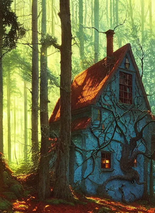 Image similar to hyper realistic witch cottage with mood lighting and technology in the woods gorgeous lighting, sunbeams blue sky, highly detailed, lush forest foliage painting by zdzisław beksinski and norman rockwell and greg rutkowski weta studio, and lucasfilm