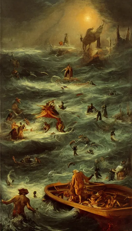 Prompt: man on boat crossing a body of water in hell with creatures in the water, sea of souls, by andre francois