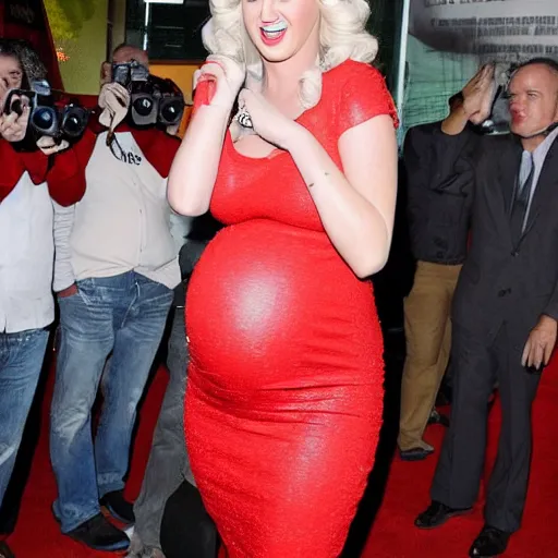 Image similar to Pregnant Katy Perry in a red dress at a movie premiere, paparazzi photograph