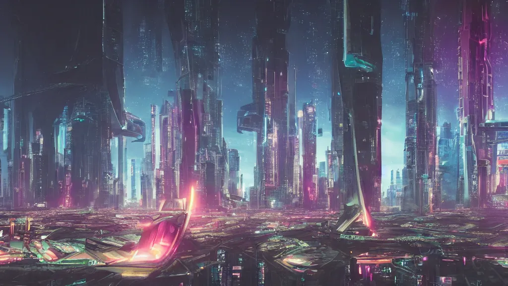 Prompt: The futuristic sci-fi Tokio city's, it has tall brutalist architecture buildings, some giant spaceships are flying over the city, the background has a detailed heavenly and iridescent light from nebulas and planets, the buildings are full of color, panoramic view, cyberpunk, vaporwave, matte painting, concept art, dramatic lighting, golden hour, 4k, 8k, trending on Artstation, realistic