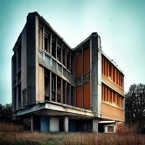 Image similar to “derelict architecture buildings, building made by Eero Saarinen, architecture digest, building surrounded in a nature environment, modern tones, fluorescent lighting,volumetric Lighting, photorealism, high detail, golden ratio, cinematic, octane renderer”