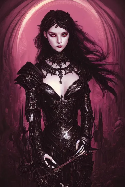 Image similar to beautiful gothic and victorian and luxury and evil young female medieval black armor knight portrait+smoky eyes+front face with light flowing hair, ultradetail face, art and illustration by tian zi and craig mullins and WLOP and alphonse mucha, ssci-fi, fantasy, intricate complexity, human structure, hypermaximalist, fantasy character concept, dynamic lighting, neon light, watermark, blurry, hyperrealism 8k