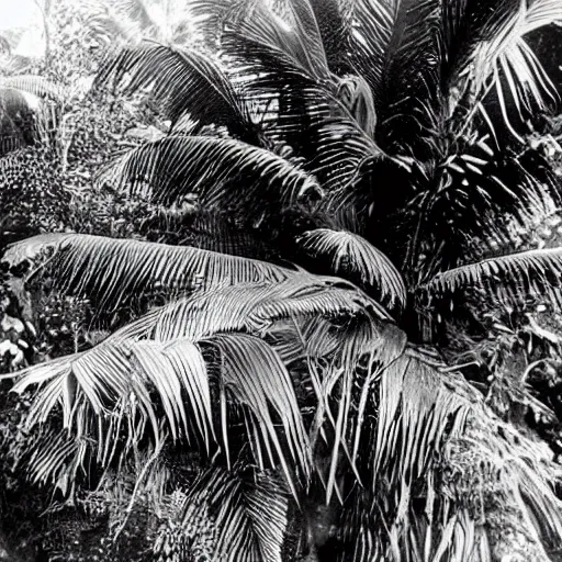 Prompt: a rizom lost film footage of a 3 d volume in the middle of the tropical jungle / tropicalism / tropicalism / tropicalism / film still / cinematic / enhanced / 1 9 2 0 s / black and white / grain