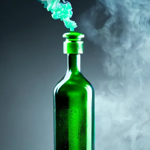 Image similar to hyper-realistic photo of a green absinthe bottle surrounded by blue smoke swirling around, unreal engine, cinematic, hyper-realistic, DOF