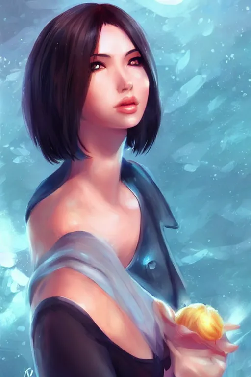 Prompt: nami, beautiful girl short black hair, blonde hair tips, digital art from artstation by artgerm, hd, 4 k