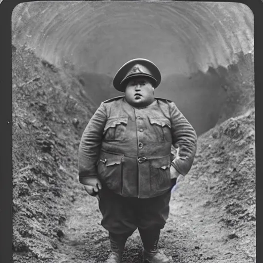 Image similar to Fat guy as a soldier, ww1 trench, war photo, film grain