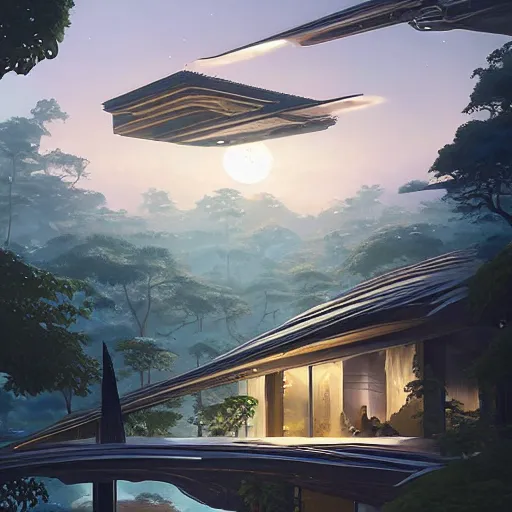 Image similar to highly detailed futuristic house design by kengo kuma, unreal engine, fantasy art by greg rutkowski, loish, rhads, ferdinand knab, makoto shinkai and lois van baarle, ilya kuvshinov, rossdraws, tom bagshaw, global illumination, radiant light, detailed and intricate environment