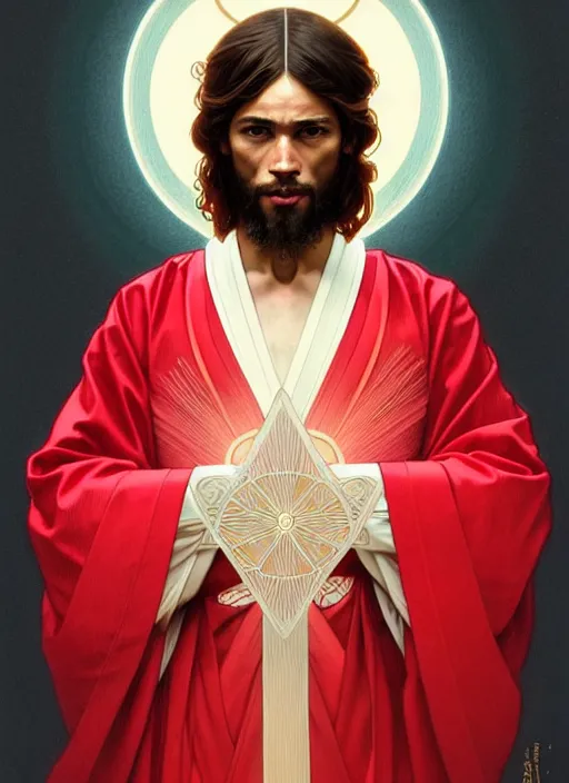 Prompt: symmetry!! portrait of terrence boyd as a jesus christ in a red kimono with an halo, face close - up, intricate, elegant, highly detailed, digital painting, artstation, concept art, smooth, sharp focus, illustration, art by artgerm and greg rutkowski and alphonse mucha