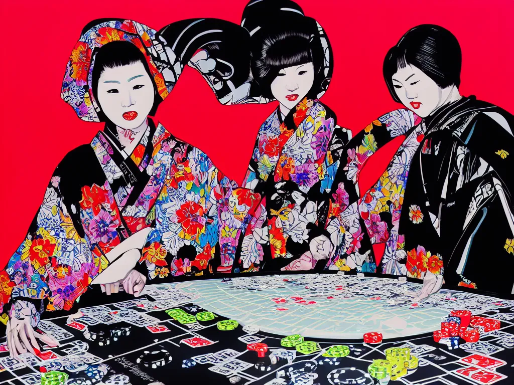 Image similar to hyperrealism composition of the detailed woman in a japanese kimono sitting at an extremely detailed poker table with darth vader, fireworks on the background, pop - art style, jacky tsai style, andy warhol style, acrylic on canvas