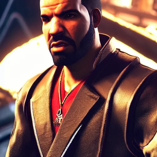 Image similar to a videogame still of Drake in Tekken 7, portrait, 40mm lens, shallow depth of field, close up, split lighting, cinematic