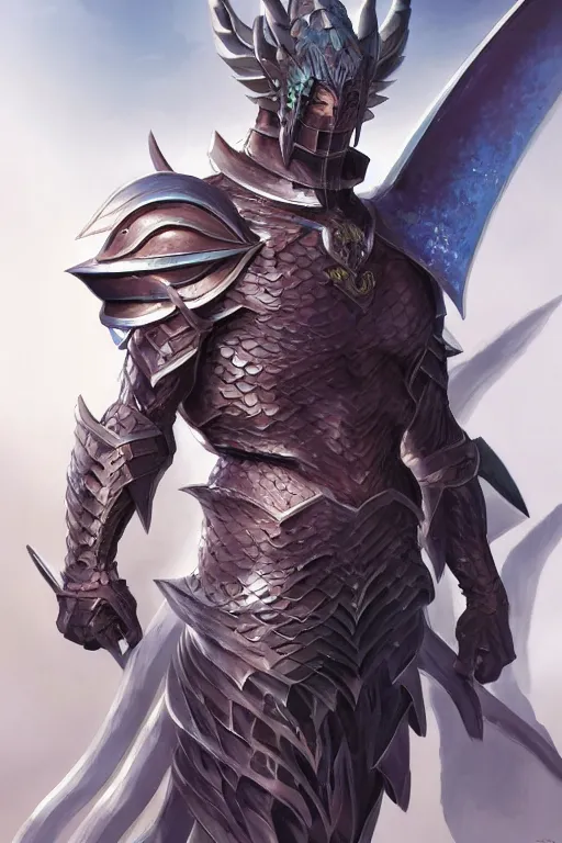 Image similar to Full body character concept art of an anime draconian warrior knight, iridescent scales, cool face, muscular, by Stanley Artgerm Lau, WLOP, Rossdraws, James Jean, Andrei Riabovitchev, Marc Simonetti, and Sakimichan, tranding on artstation