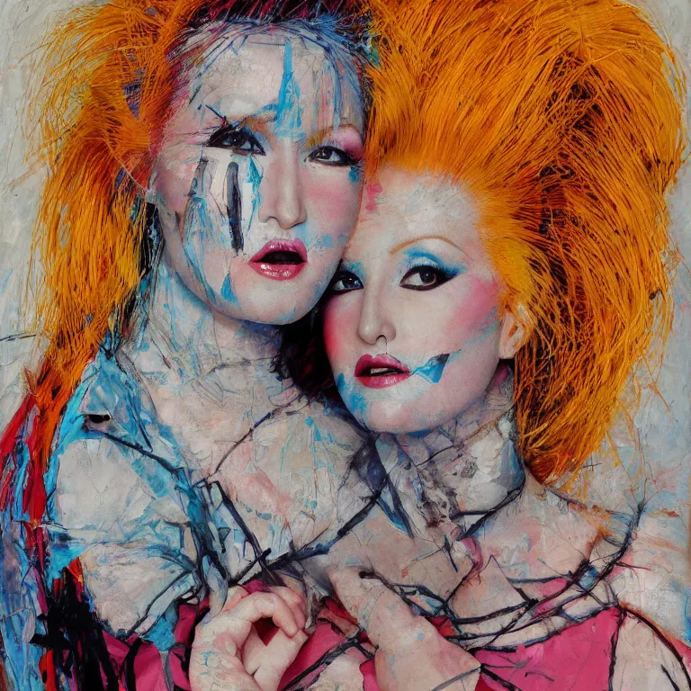 Prompt: close up studio portrait of Cindy Lauper beautiful symmetrical face wearing an Issey Miyake dress in 1985, impasto heavy brushstrokes oil painting by Norman Rockwell and Tim Hawkinson and Cy Twombly, Intense colors trending on artstation dramatic lighting Expressionism