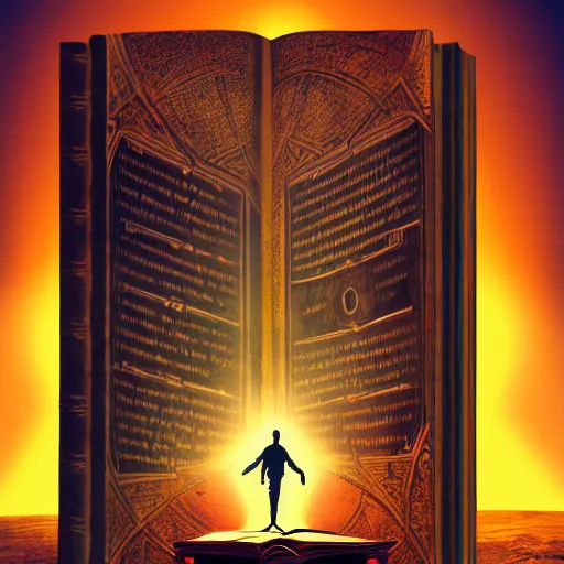 Image similar to front facing symmetrical shot of an ancient book on a vintage table in space, concept art, sci - fi illustration, painting, realistic,, radiant light, detailed and intricate environment, 8 k, h 6 4 0