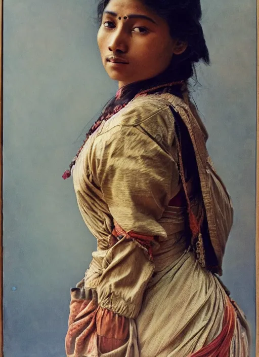 Image similar to hyper realistic and detailed vintage portrait photo of a beautiful beautifully lit nepalese Victorian woman with stunning reflective eyes in a himalayan valley by alphonse mucha and annie leibovitz