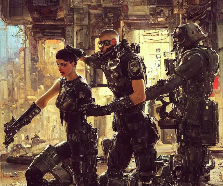 Prompt: Sonya evades sgt Nash. Cyberpunk hacker escaping Menacing Cyberpunk police trooper wearing a combat vest. (dystopian, police state, Cyberpunk 2077, bladerunner 2049). Iranian orientalist portrait by john william waterhouse and Edwin Longsden Long and Theodore Ralli and Nasreddine Dinet, oil on canvas. Cinematic, vivid colors, hyper realism, realistic proportions, dramatic lighting, high detail 4k