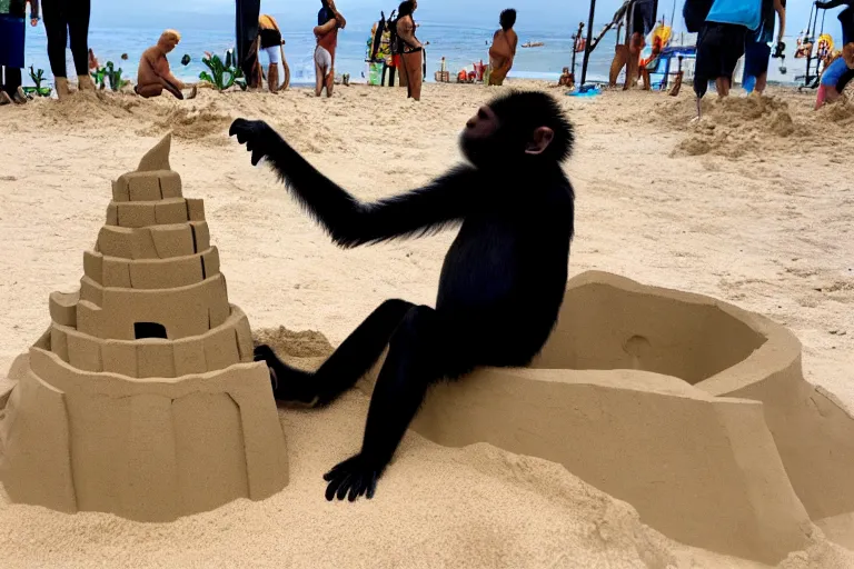 Image similar to a monkey touching a completed sand castle