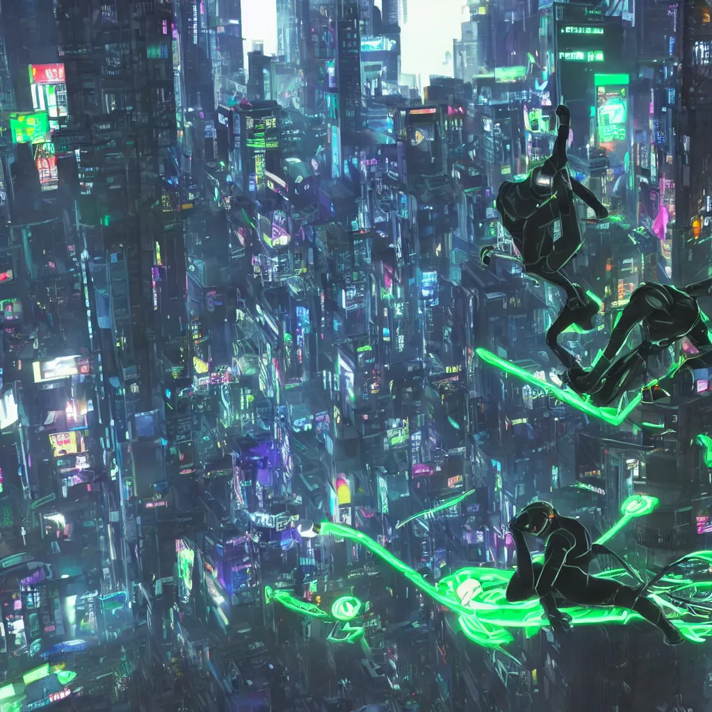 Image similar to green ctv footage of a cyborg ninja doing parkour in cyberpunk city with neon lights tron