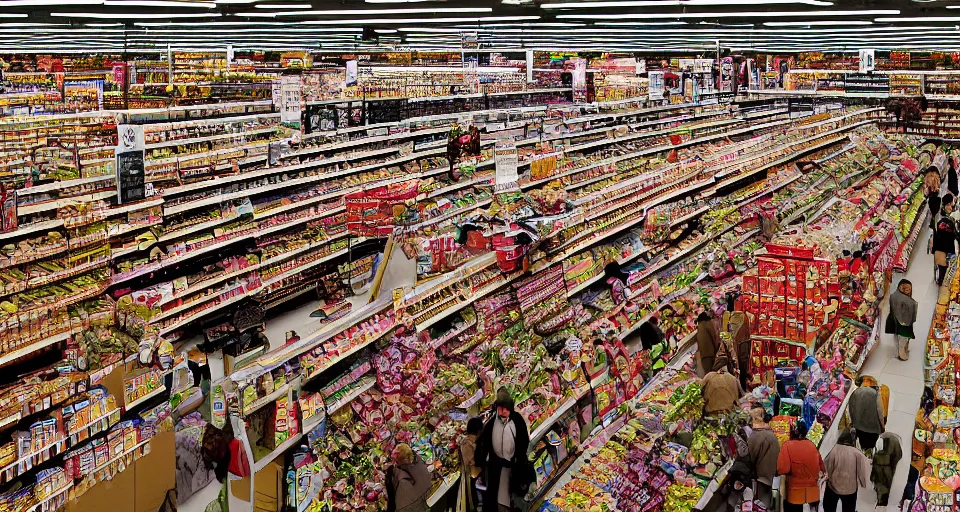 Prompt: a photography of a supermarket full of people by andreas gursky