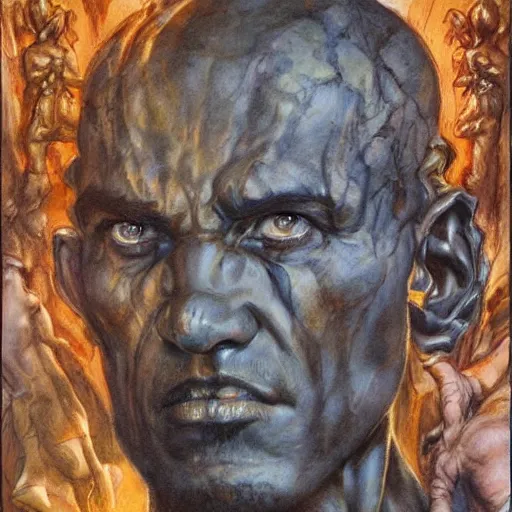 Image similar to Roguish Picaro Dsurion stands at the gates of Hades Hand Crafted By Rodin. Painting by Donato Giancola Jeff Simpson stamp watercolor