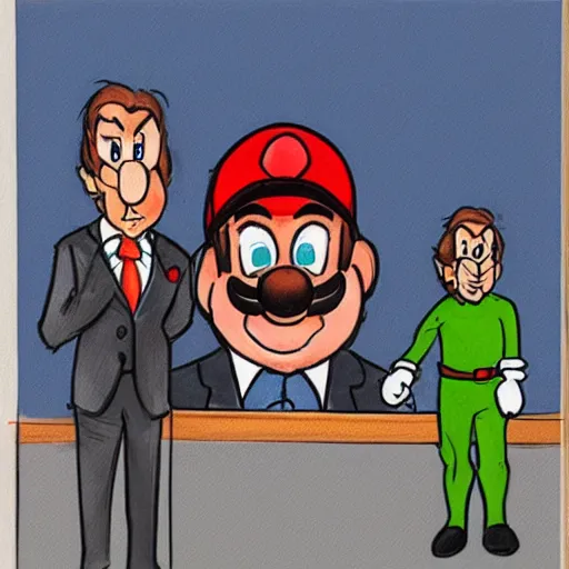 Image similar to a court sketch of saul goodman defending super mario in court, saul goodman and mario, sketch art, court sketch art, saul goodman, mario, very sketchy court sketch