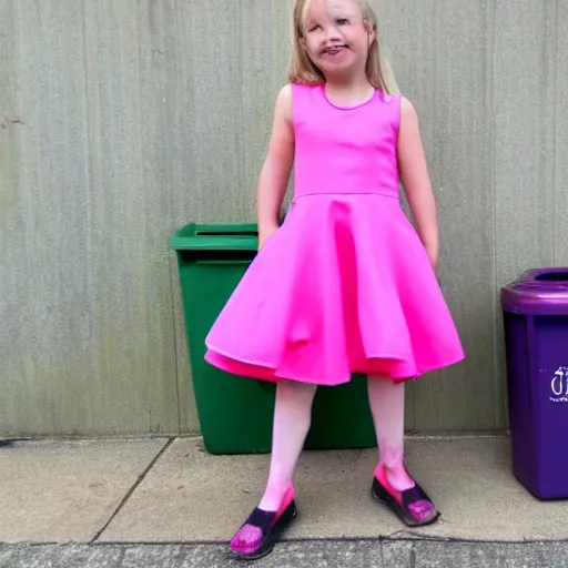 Prompt: a small blonde girl in front of some wheelie bins wearing a pink dress