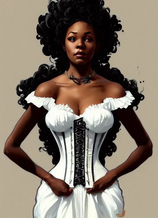 Image similar to cute black woman wearing a white corset dress, fantasy, intricate, highly detailed, digital painting, artstation, concept art, wallpaper, smooth, sharp focus, illustration, art by artgerm and greg rutkowski and alphonse mucha