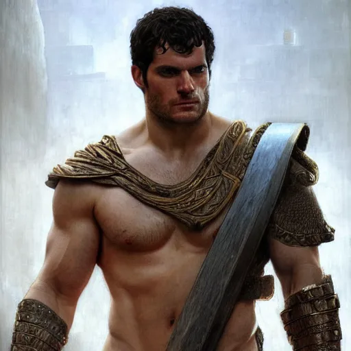 Image similar to henry cavill as a greek gladiator, gorgeous, amazing, muscular, intricate, highly detailed, digital painting, artstation, concept art, sharp focus, illustration, art by greg rutkowski and alphonse mucha