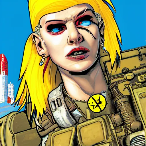 Prompt: tank girl comic, ultra detailed face, ukrainan flag, by alessandra vitelli