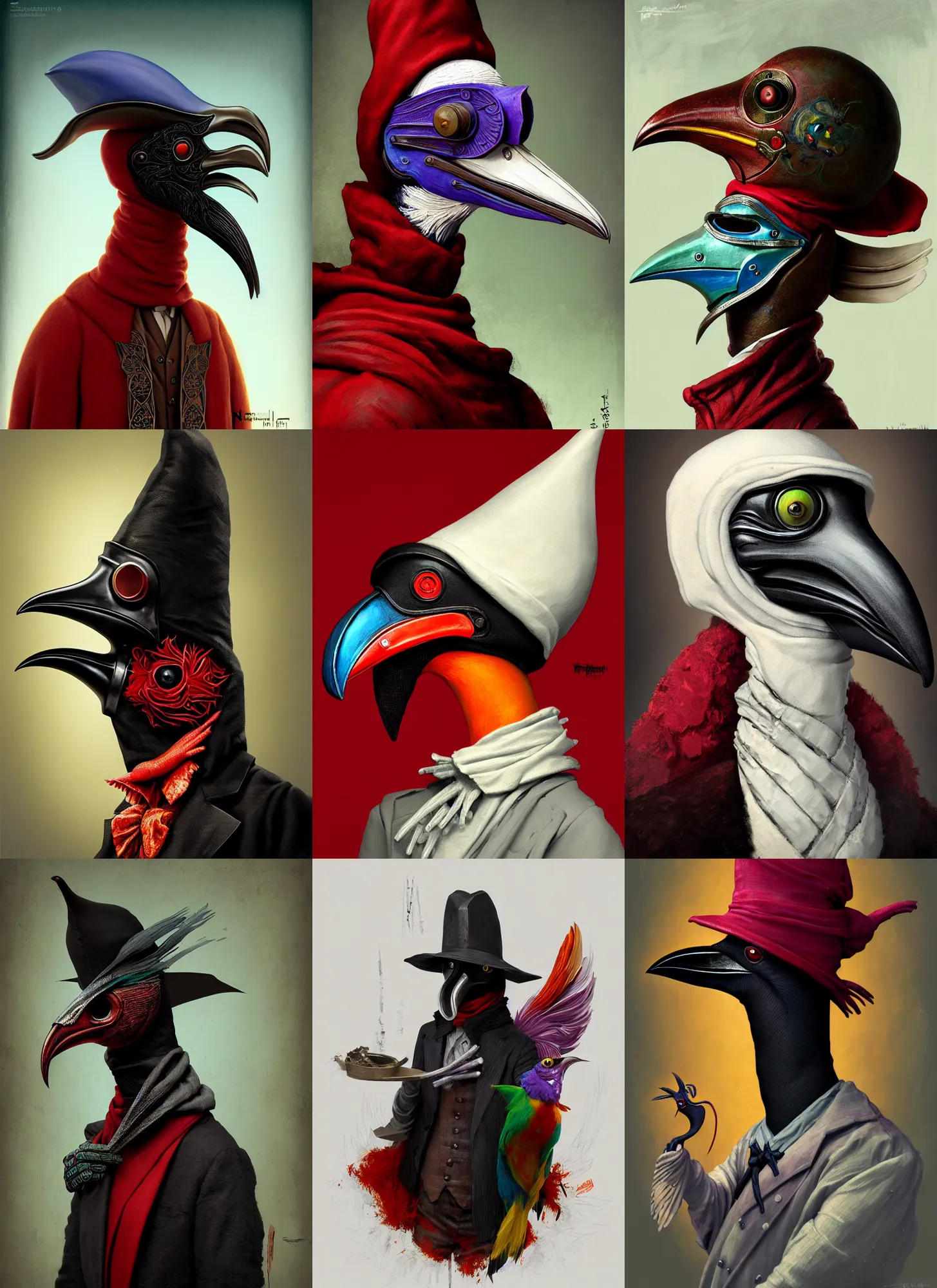 Prompt: rpg! profile! portrait of a surreal colorful! humanoid bird plague doctor doll on white background, beak, intricate, highly detailed, digital painting, artstation, concept art, smooth, sharp focus, illustration, art by norman rockwell ponzi remnev lossel currin jasinski albright hsiao - ron cheng, 8 k