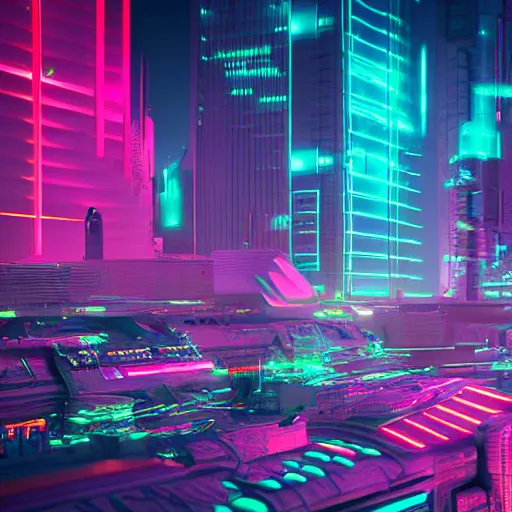 Image similar to synthwave neon city in space, cinematic, highly detailed, photograph, scifi, micro detail, octane render, physically based rendering, insane details, photorealism, fantasy, 8 k, cgsociety